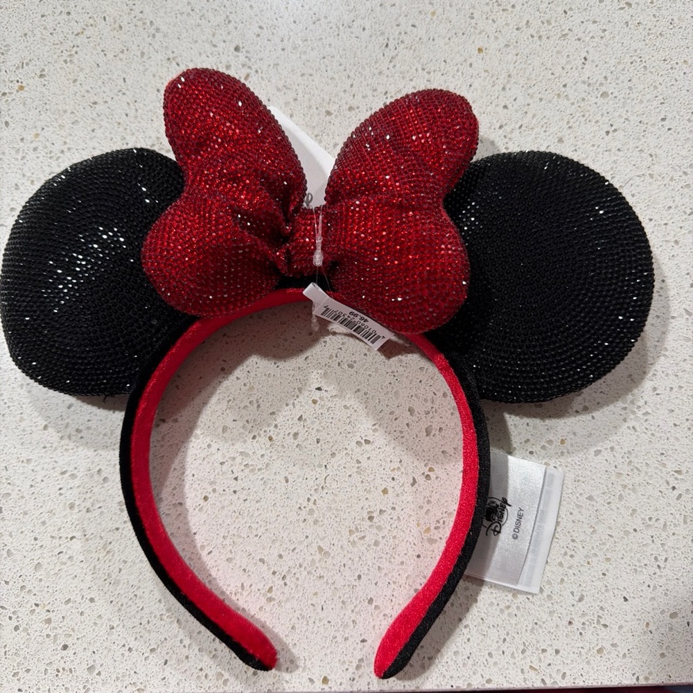 Disney Black Sequin Minnie Ear Headband with Red Sparkle Bow